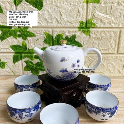 Bộ Ấm Chén Hoa Xanh Viền Vàng